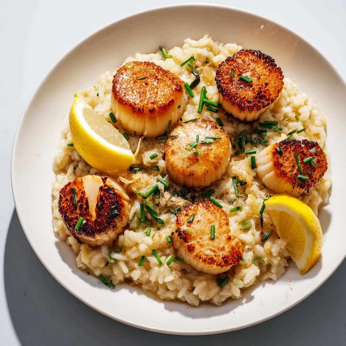 Golden seared scallops rest on a bed of creamy, lemon butter risotto garnished with fresh chives.