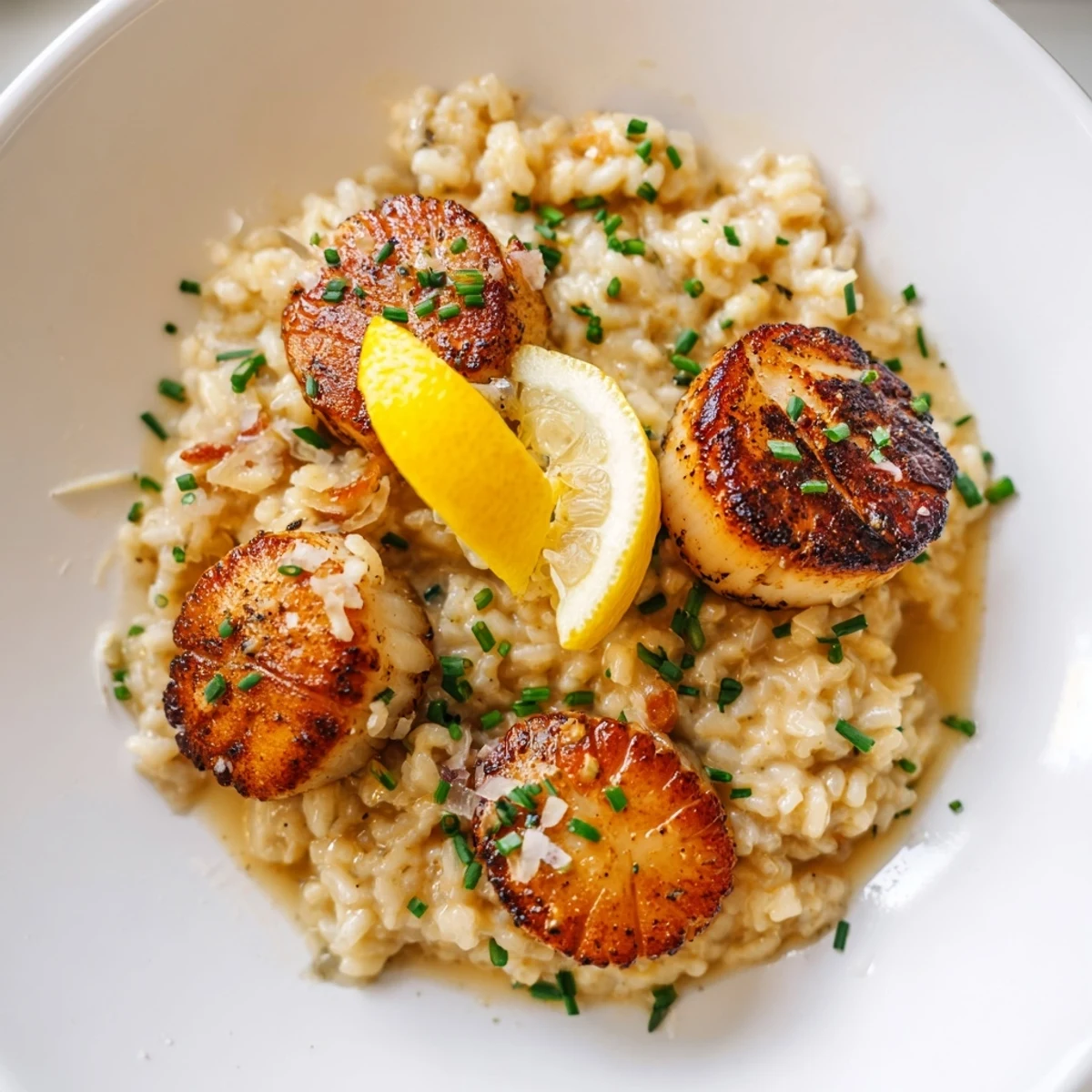 A close-up of tender scallops atop bright lemon risotto, ready for a special dinner party main course.
