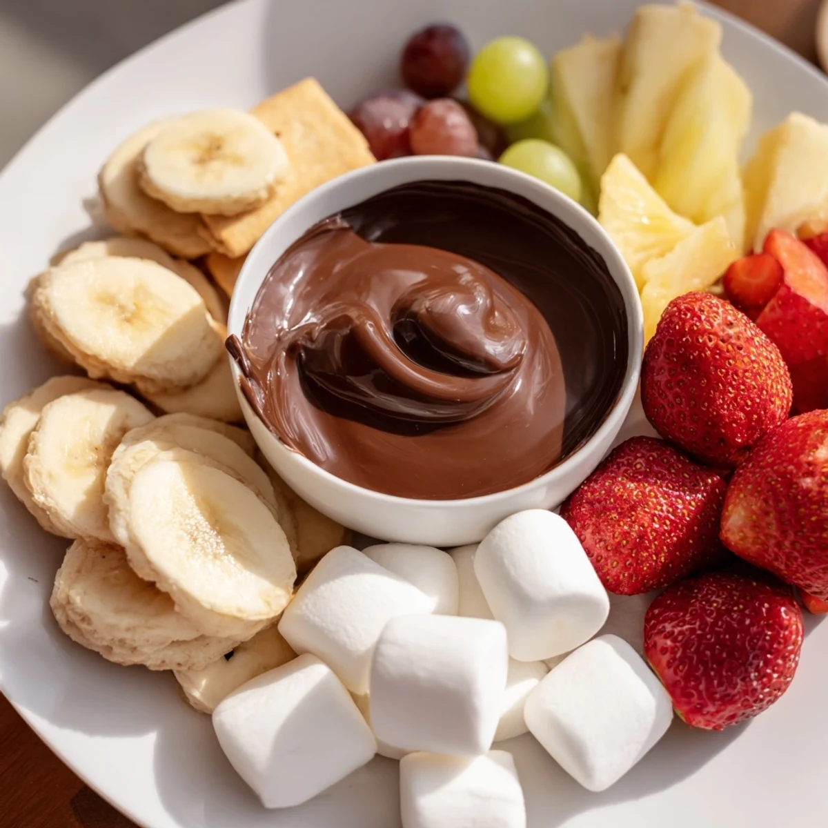 A close-up of Romantic Chocolate Fondue with Marshmallows and Fruit, showing glossy melted chocolate, fresh strawberries, and fluffy marshmallows.
