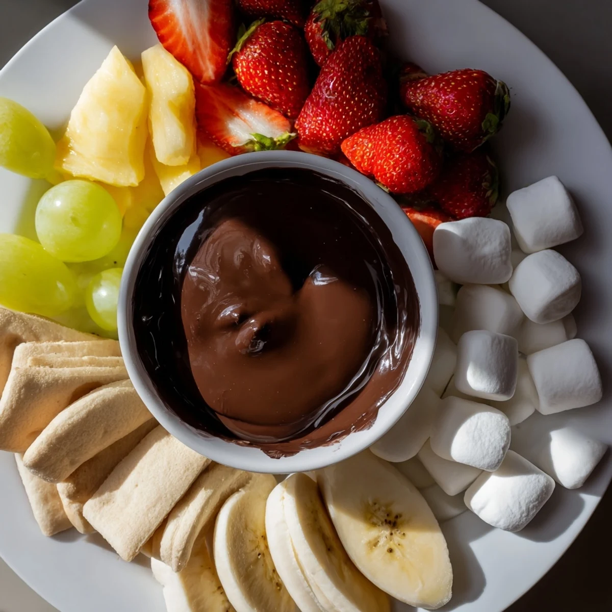 An inviting platter of Romantic Chocolate Fondue with Marshmallows and Fruit features juicy grapes, ripe pear slices, and optional ladyfinger biscuits.