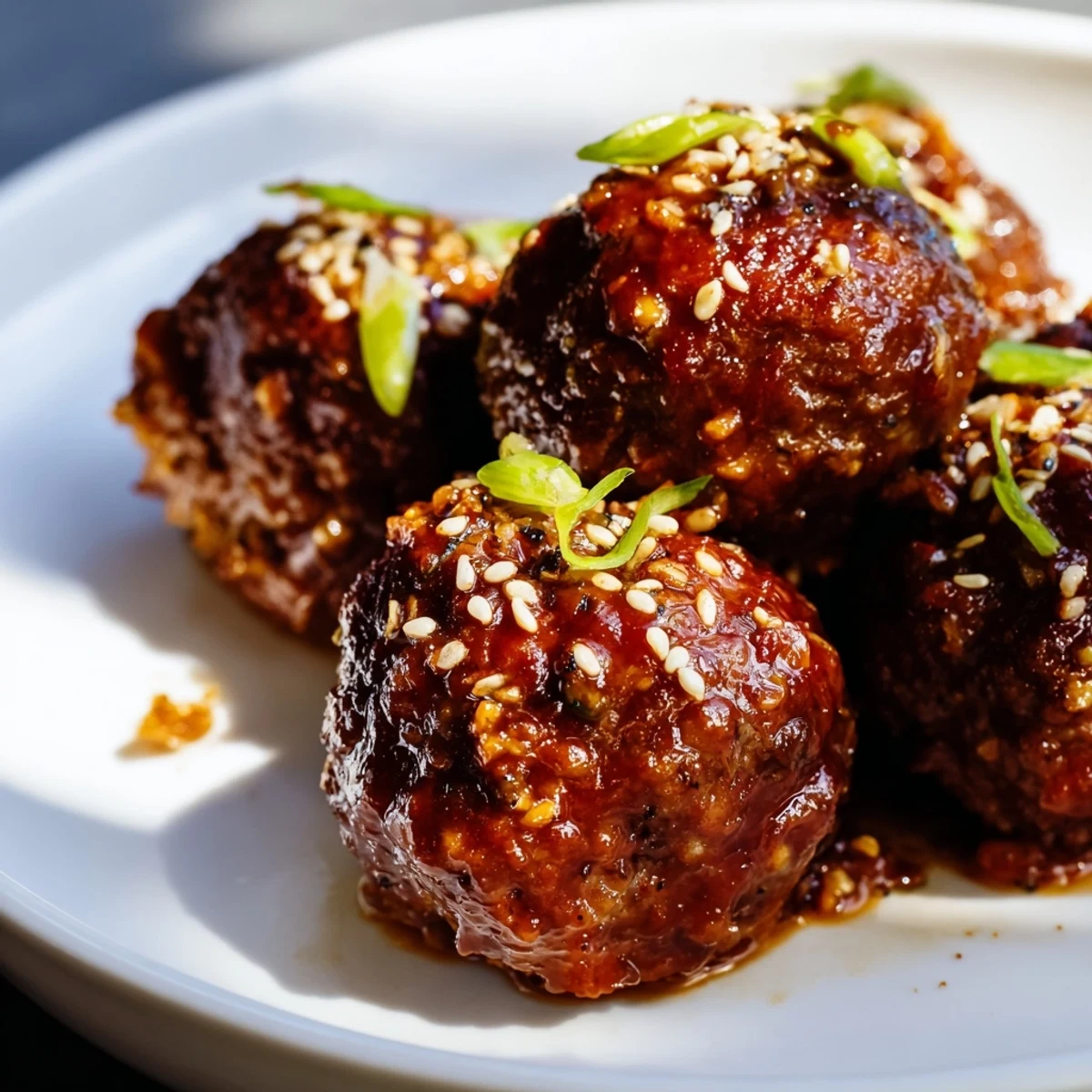 Golden-brown Spicy Sriracha Beef Meatballs glistening with sticky glaze and toasted sesame seeds, served on a platter with fresh green onions.  