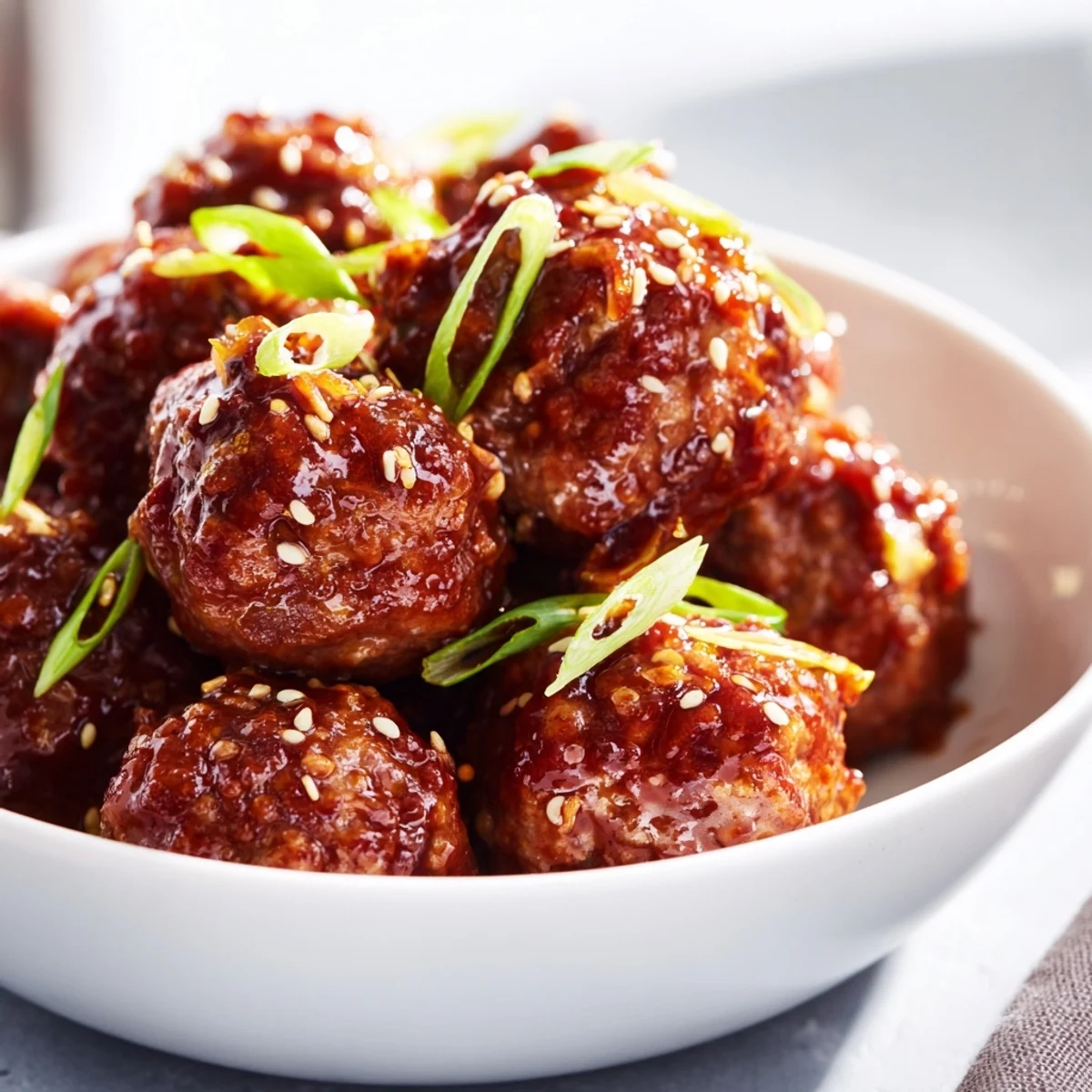 Spicy Sriracha Beef Meatballs arranged over fluffy white rice, garnished with sesame seeds and sliced scallions for a vibrant main dish.  