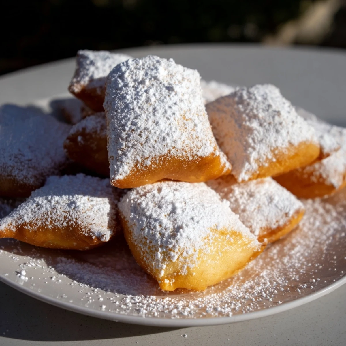 Freshly fried New Orleans style beignets, golden and puffy, generously dusted with powdered sugar on a plate.