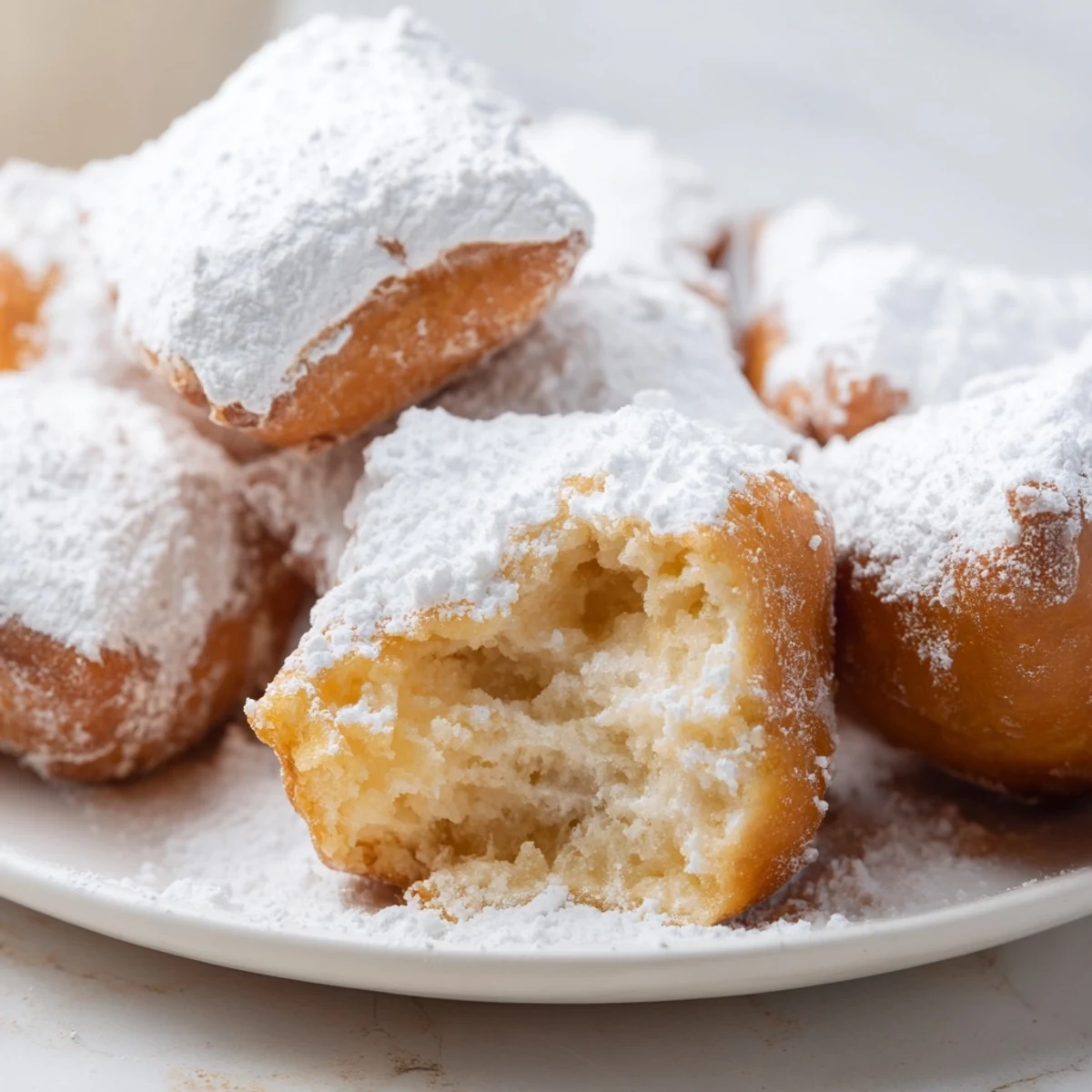 Squares of fried dough topped with powdered sugar, evoking a classic New Orleans café experience.