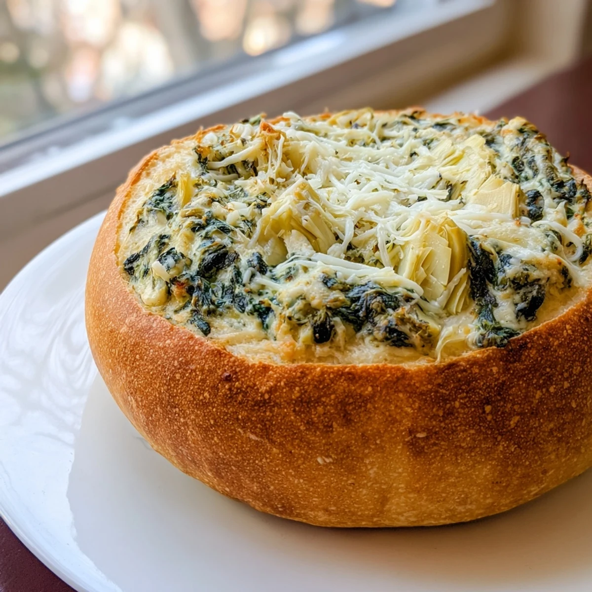 Golden-brown creamy spinach and artichoke dip inside a hollowed sourdough loaf, served hot and perfect for sharing with friends.