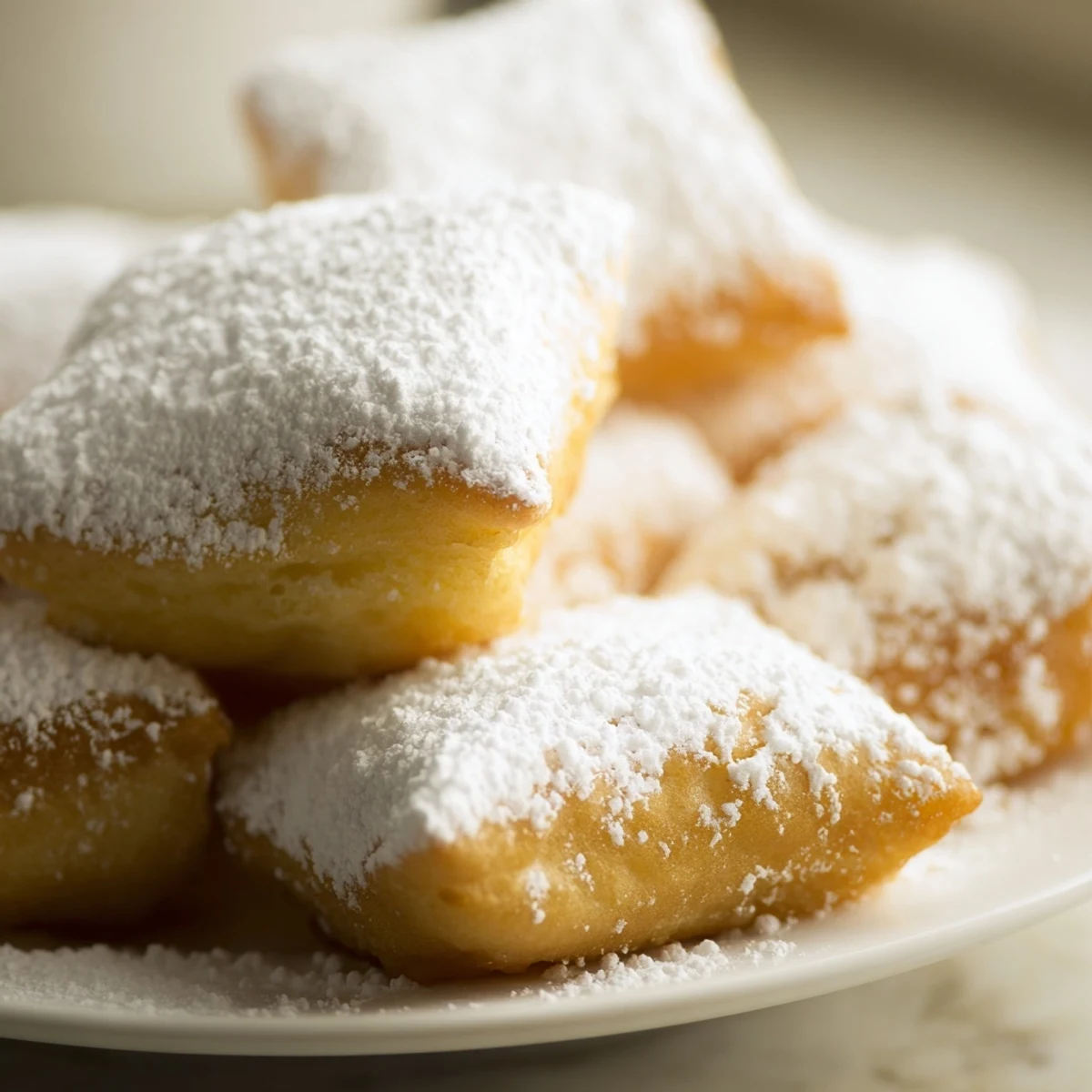 Freshly fried New Orleans style beignets, golden and puffy, generously dusted with powdered sugar on a plate.