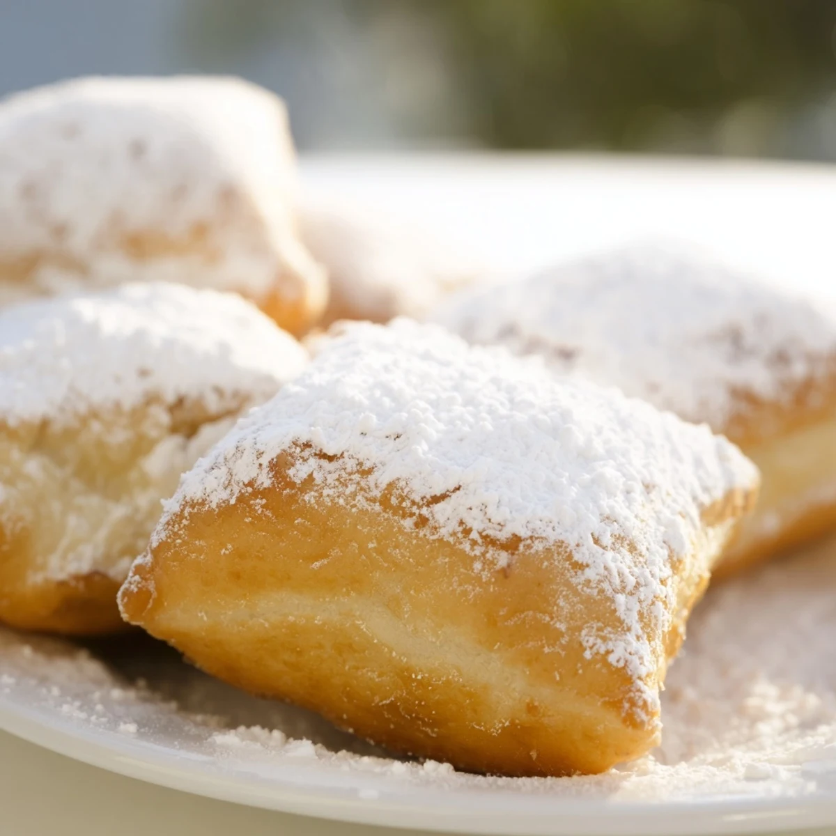 Warm, pillowy beignets with powdered sugar, ready to serve with a steaming cup of café au lait.