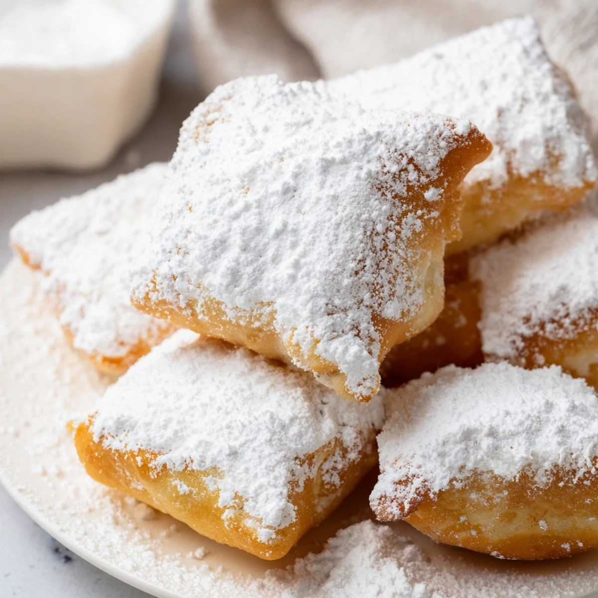 Homemade New Orleans style beignets, golden brown and dredged in sweet powdered sugar on a rustic table.