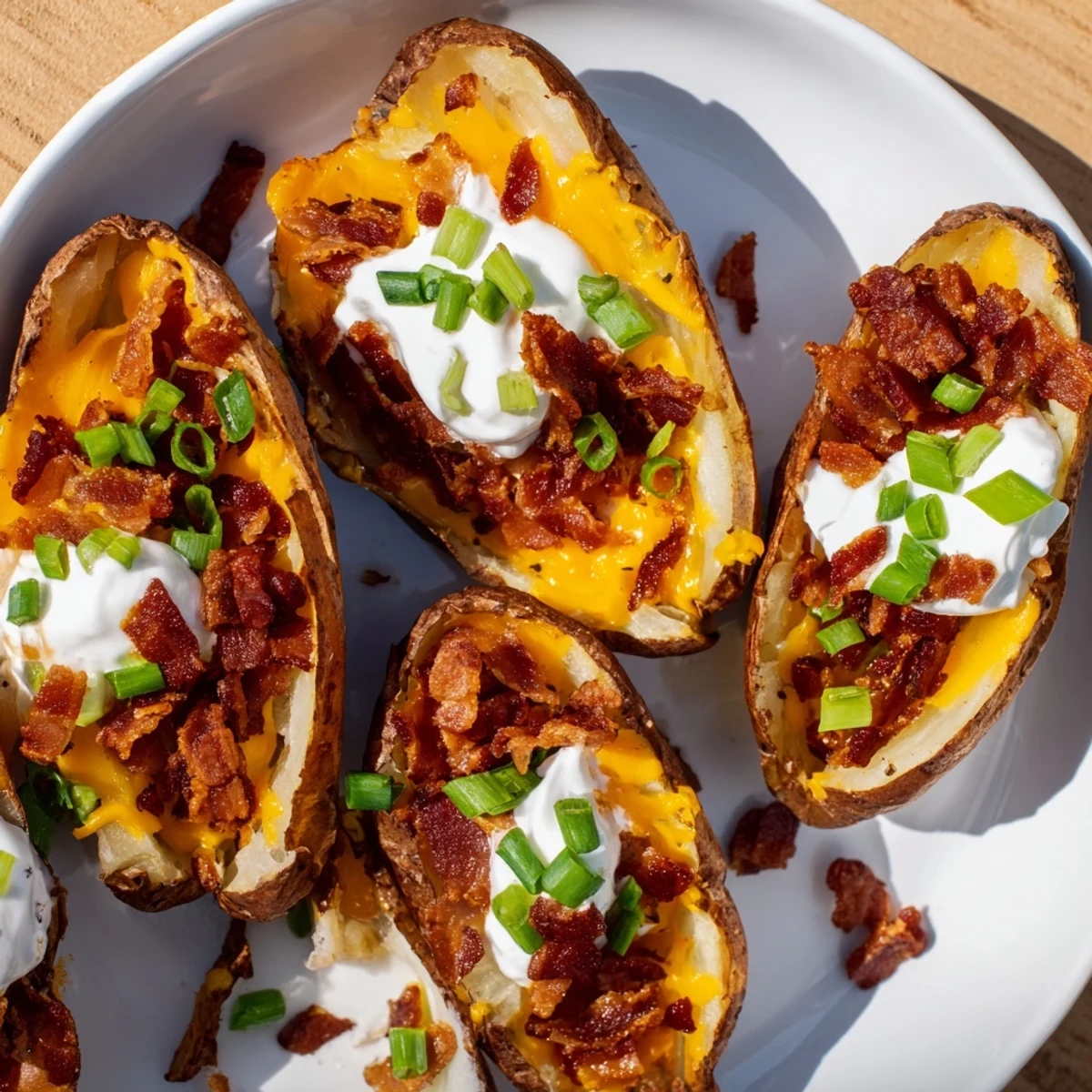 Golden-brown Loaded Potato Skins with Cheddar and Beef Bacon, melted cheese oozing over each shell on a rustic wooden serving board.