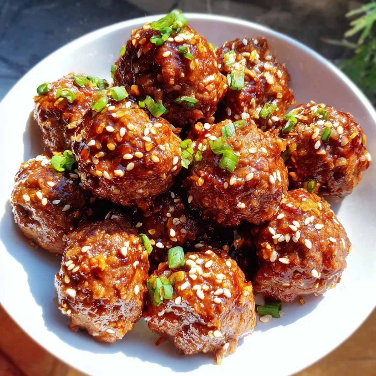 Spicy Sriracha Beef Meatballs served over steamed white rice, with a side of extra glaze and vibrant scallions for a complete meal.