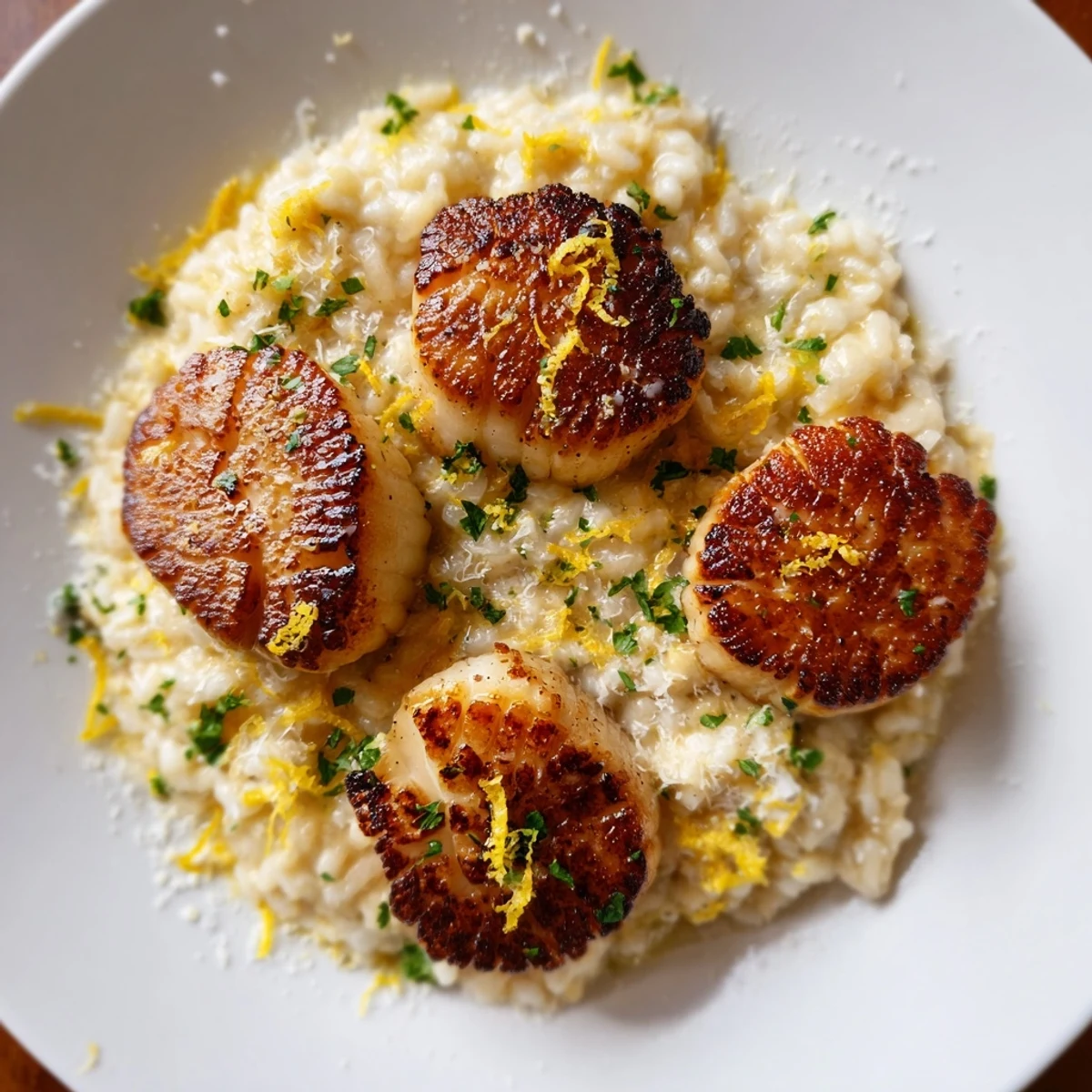 A close-up of tender scallops atop vibrant lemon butter risotto, perfect for an elegant dinner.