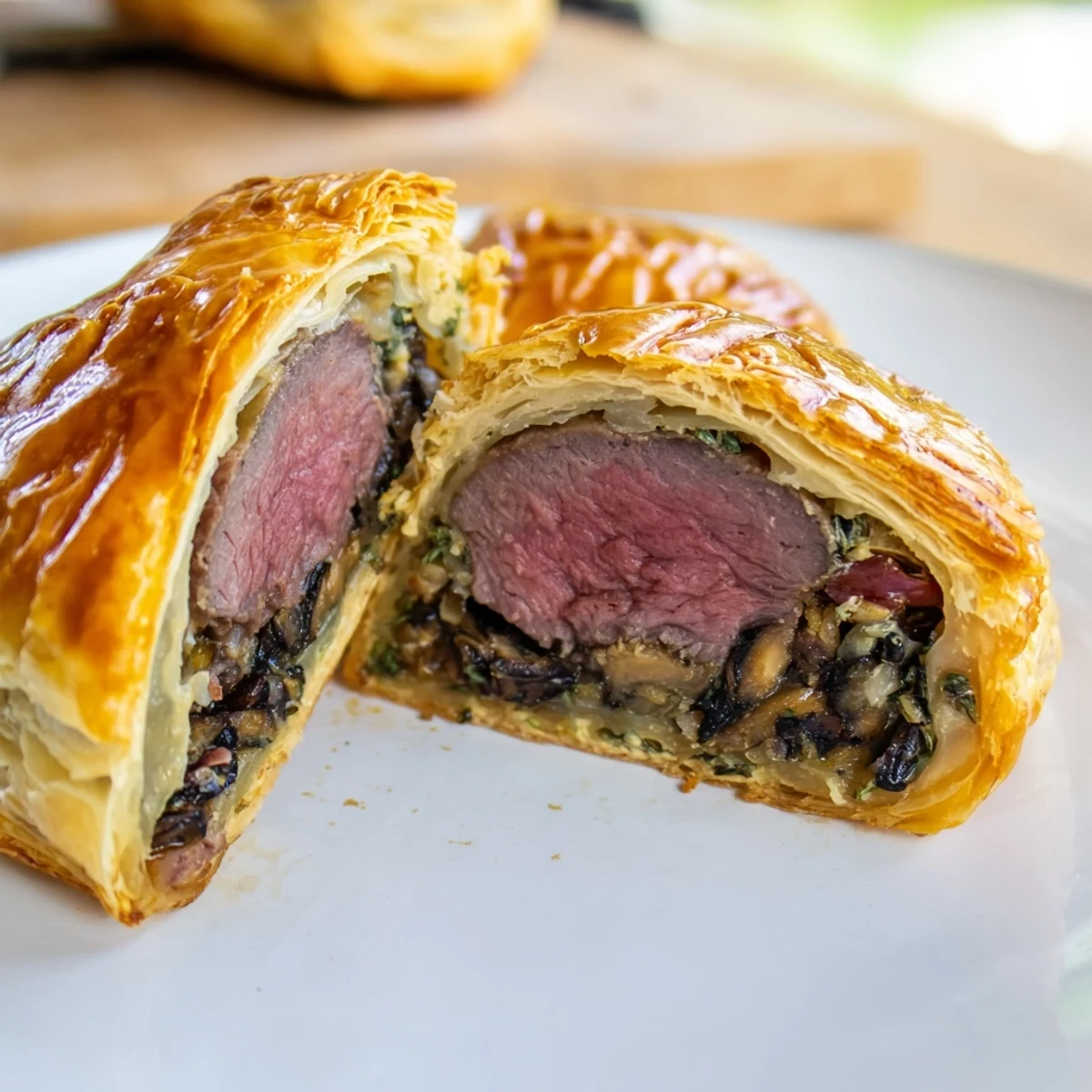 Golden-brown Mini Beef Wellingtons with mushroom duxelles and prosciutto, served elegantly on a white platter.