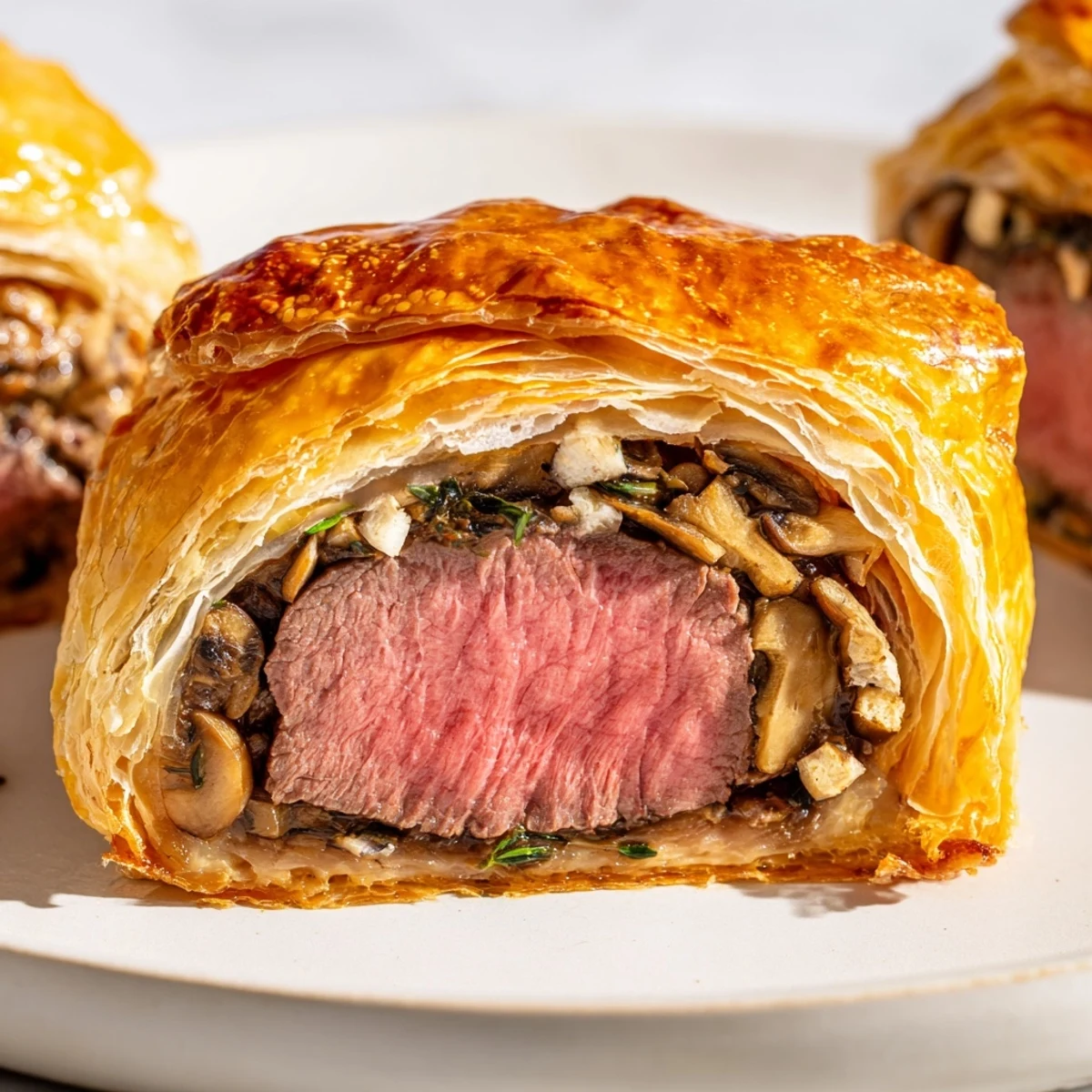 Freshly baked Mini Beef Wellingtons resting on a wooden board, showcasing their rich, golden crust.
