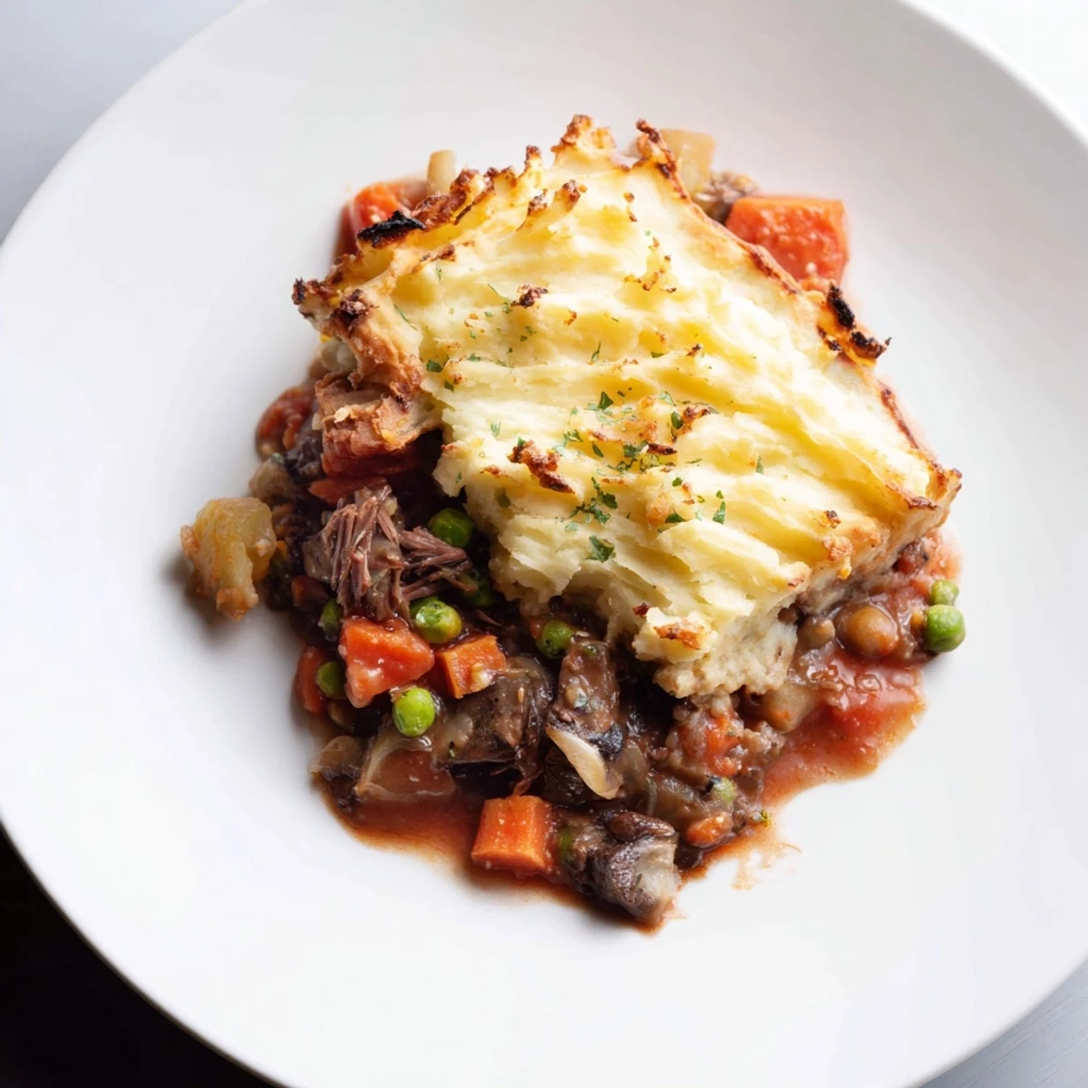 A close-up of Shepherd’s Pie with braised lamb filling, featuring tender peas, carrots, and a golden Parmesan-crusted potato topping.