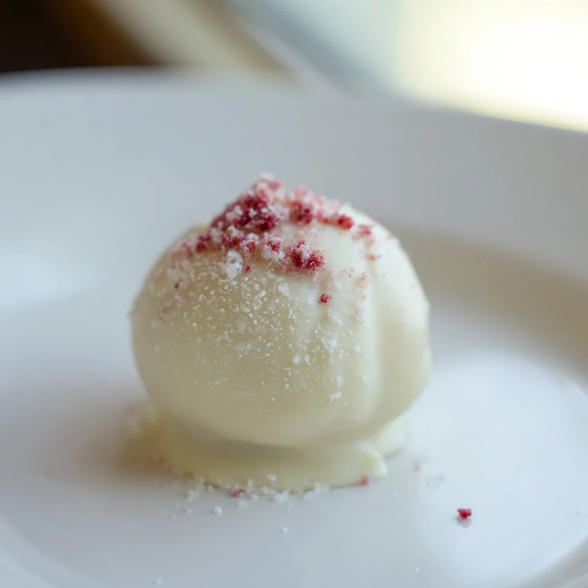 A close-up of glossy White Chocolate Raspberry Truffles on parchment, highlighting the delicate powdered sugar coating.  