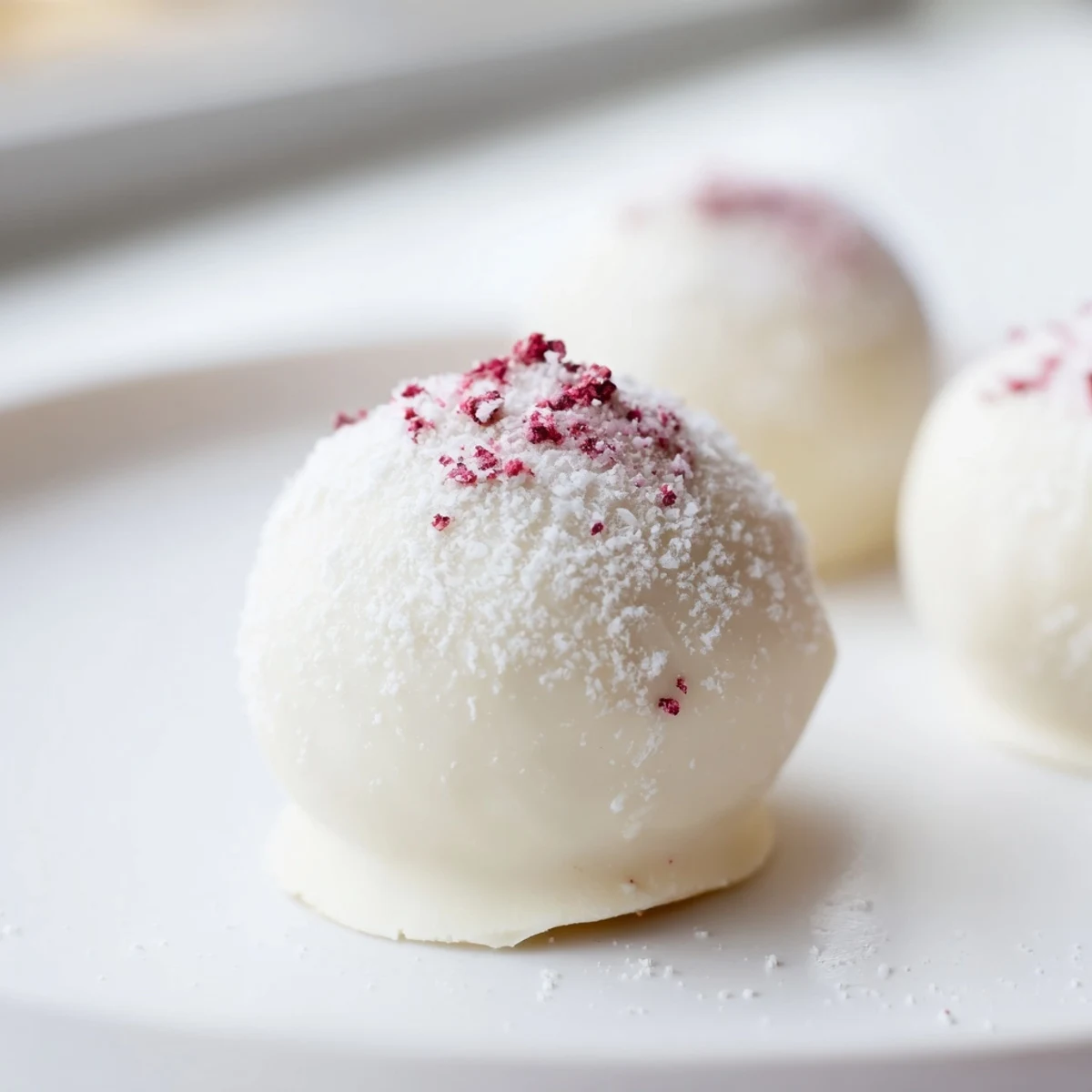 Creamy White Chocolate Raspberry Truffles rolled and dusted with powdered sugar for a sweet, tangy finish.  