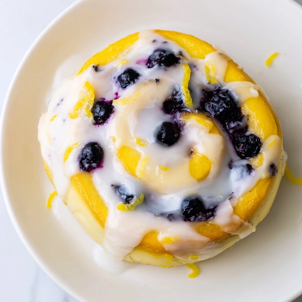 Freshly baked Lemon Blueberry Sweet Rolls drizzled with icing on a white ceramic platter.