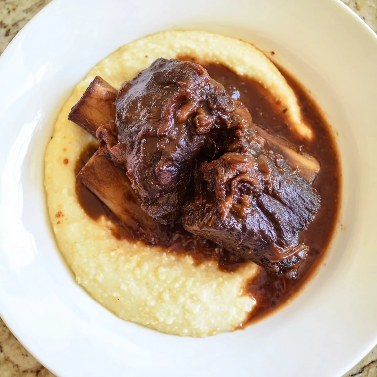 Tender braised beef short ribs resting on a bed of creamy, buttery polenta, drizzled with rich red wine sauce for a comforting Italian-American meal.