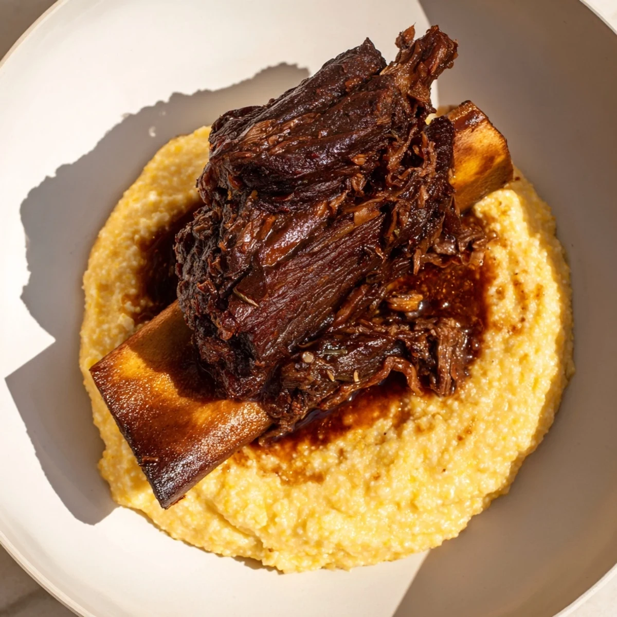 Close-up view of succulent, fall-off-the-bone braised beef short ribs served over velvety polenta, with fresh herbs adding a bright garnish.