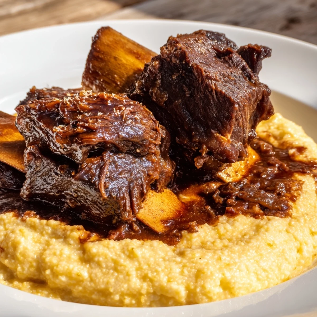 Golden-brown braised beef short ribs nestled on creamy polenta, perfect for a cozy dinner served with a glass of robust red wine.