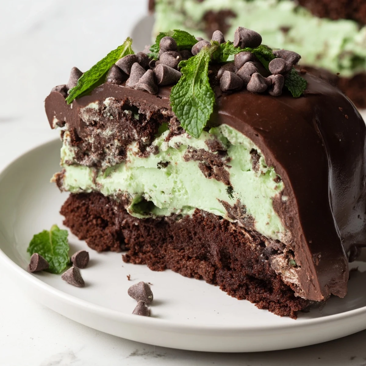 A slice of mint chocolate chip ice cream cake reveals layered chocolate cake and creamy green mint ice cream, topped with glossy chocolate ganache.