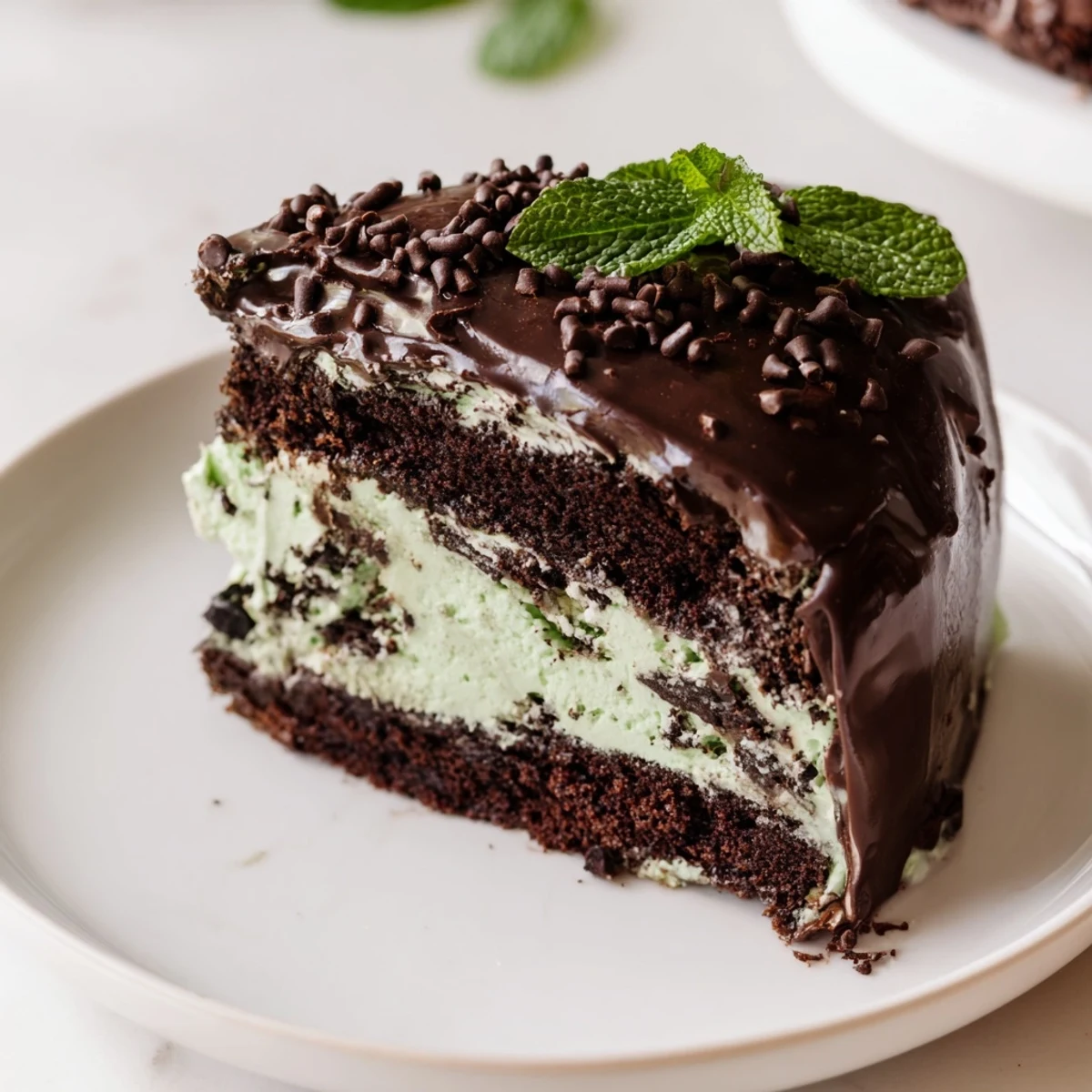 Mint chocolate chip ice cream cake displayed whole on a platter, garnished with fresh mint leaves and mini chocolate chips for a festive look.