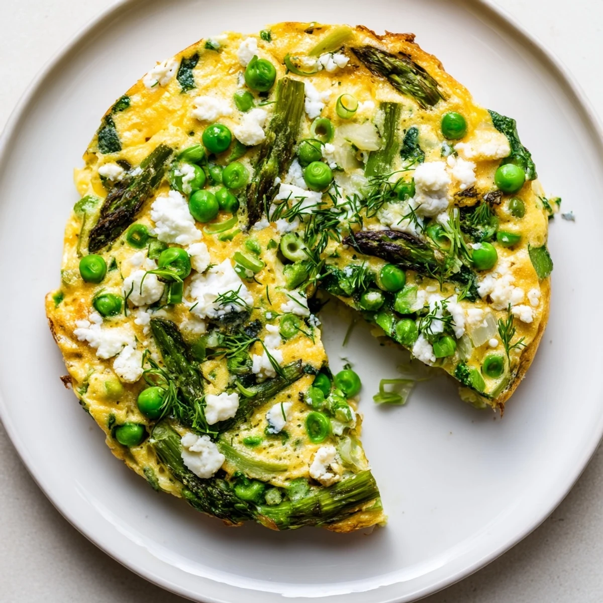 A close-up view of a Spring Vegetable Frittata with Goat Cheese and Herbs reveals a fluffy texture with vibrant spinach and creamy cheese pockets.