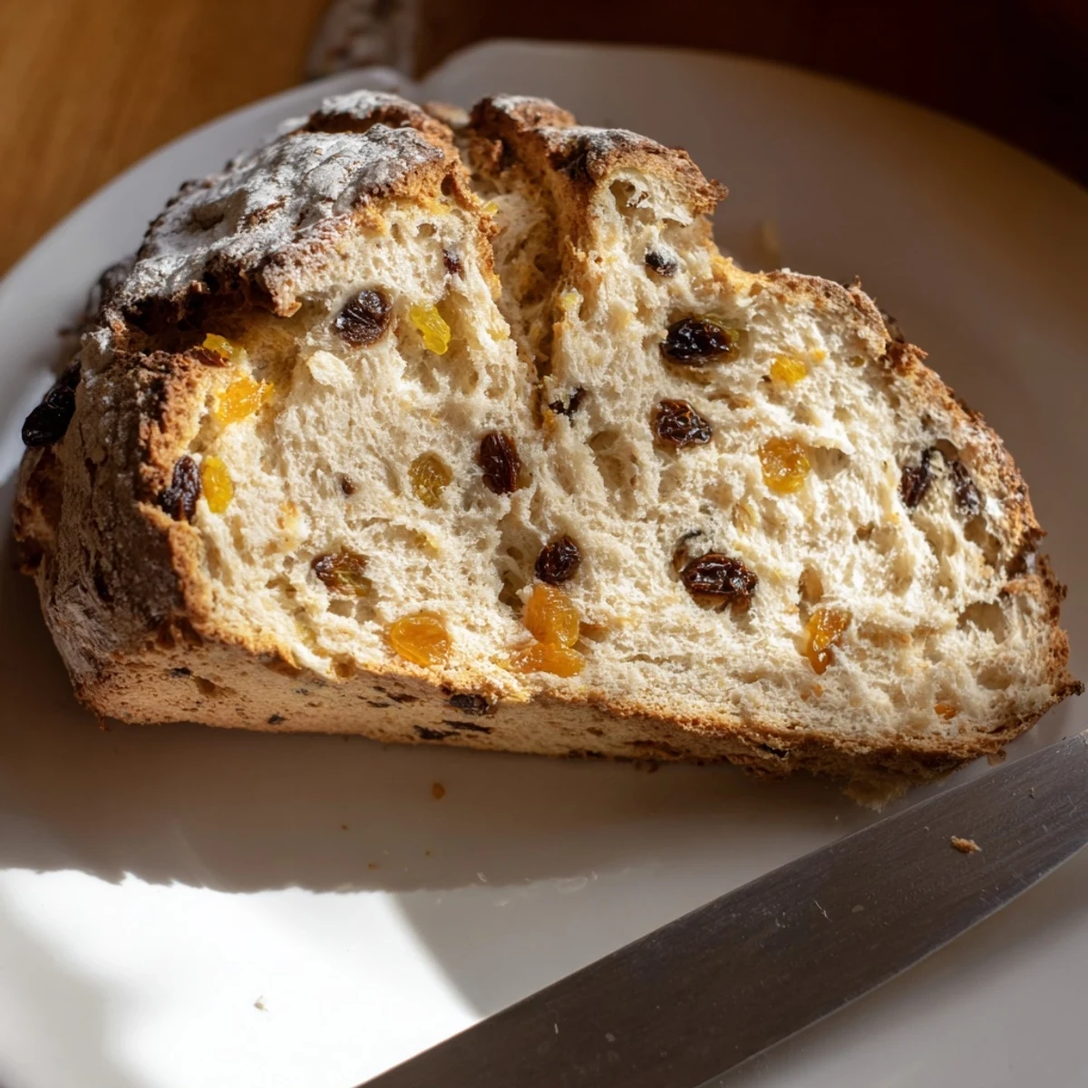 Freshly baked Irish Soda Bread with Raisins and Orange Zest, featuring a textured crumb and bright citrus aroma on a marble countertop.