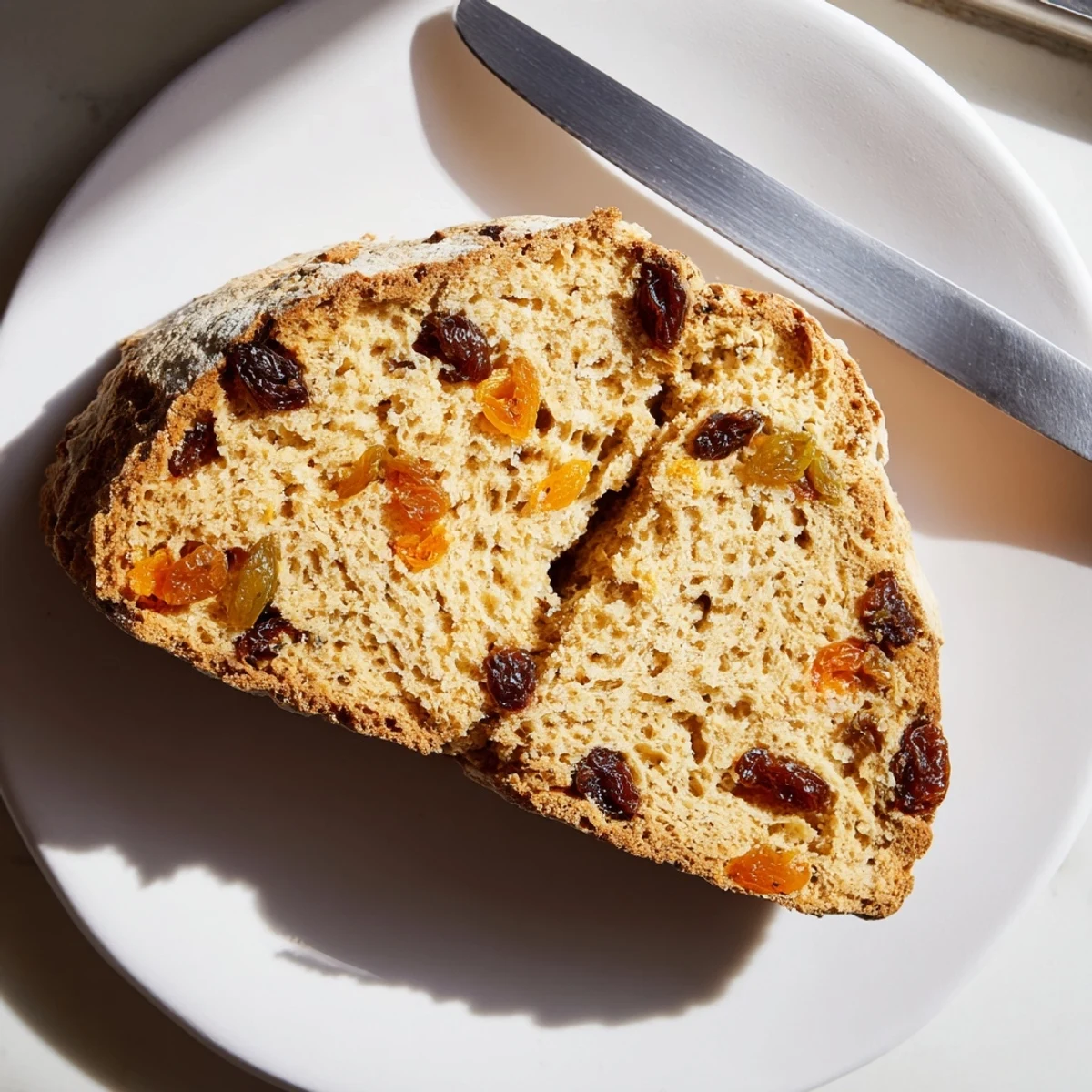 Rustic round loaf of Irish Soda Bread with Raisins and Orange Zest, showcasing a deep cross cut and plump dried fruit.