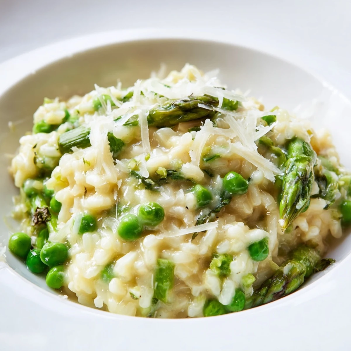 Velvety asparagus and pea risotto topped with extra Parmesan, ready for a comforting Italian-inspired dinner.