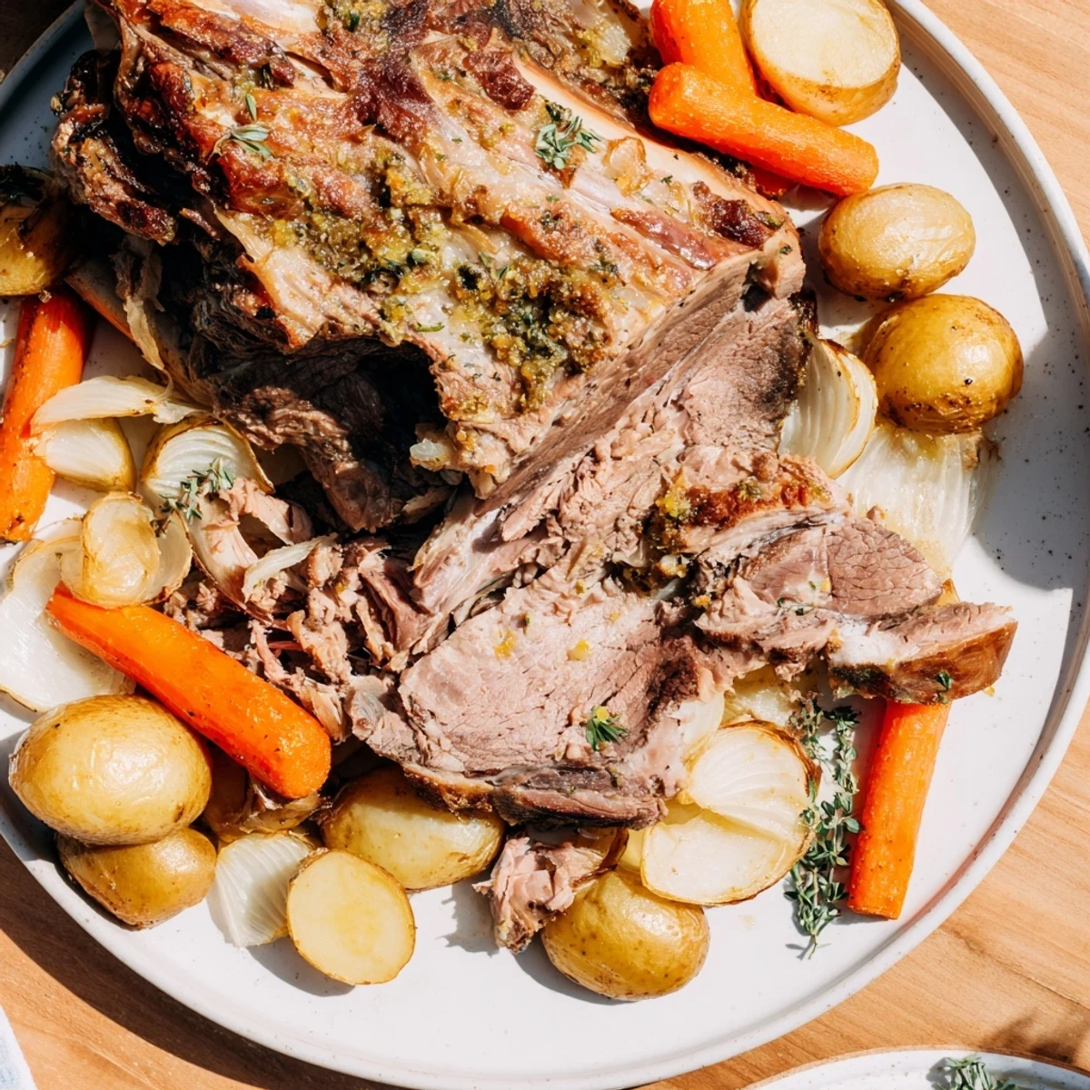 A perfectly carved slice of slow roasted leg of lamb with lemon and oregano reveals juicy, tender meat.