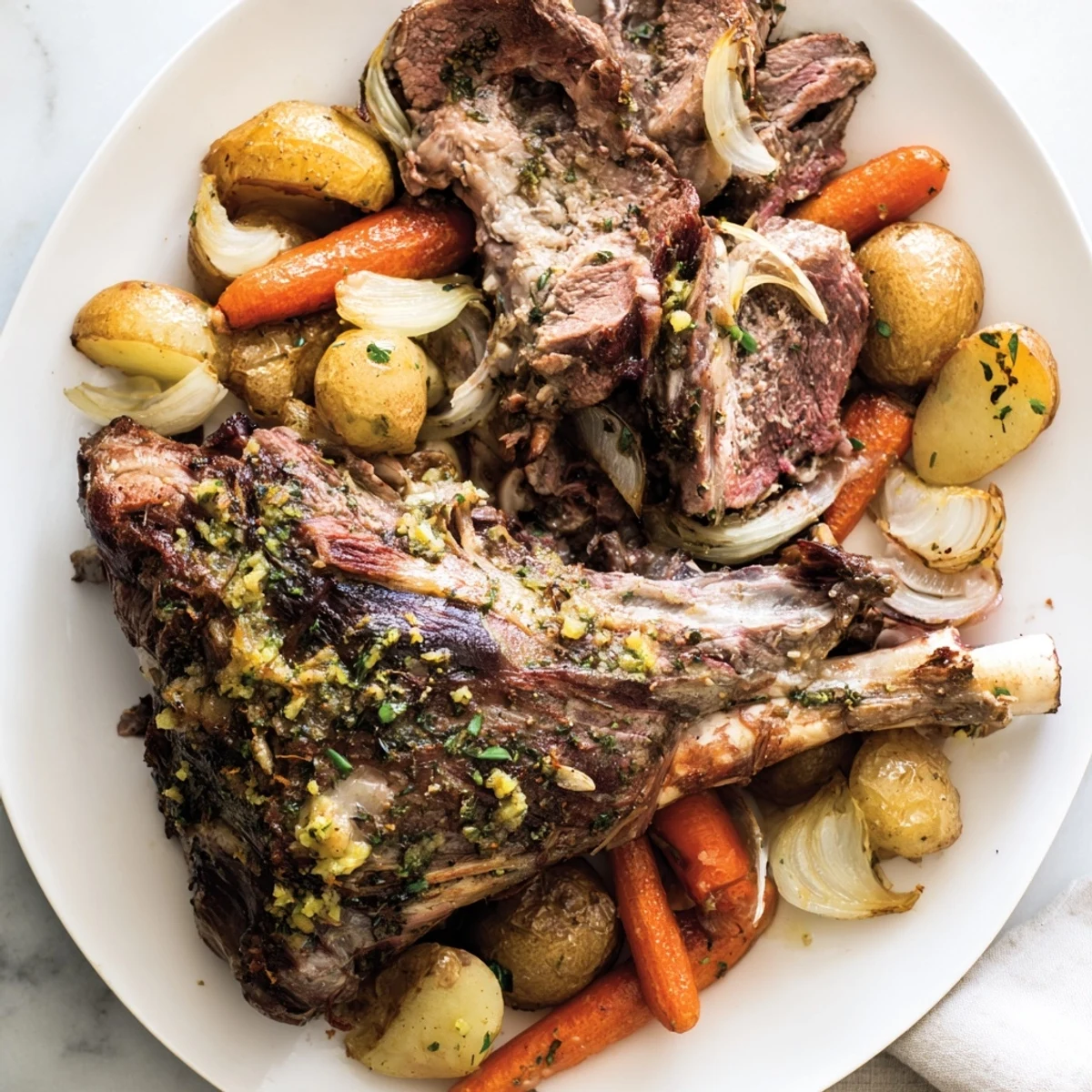 Mediterranean slow roasted leg of lamb with lemon and oregano is served with potatoes and carrots for Sunday dinner.