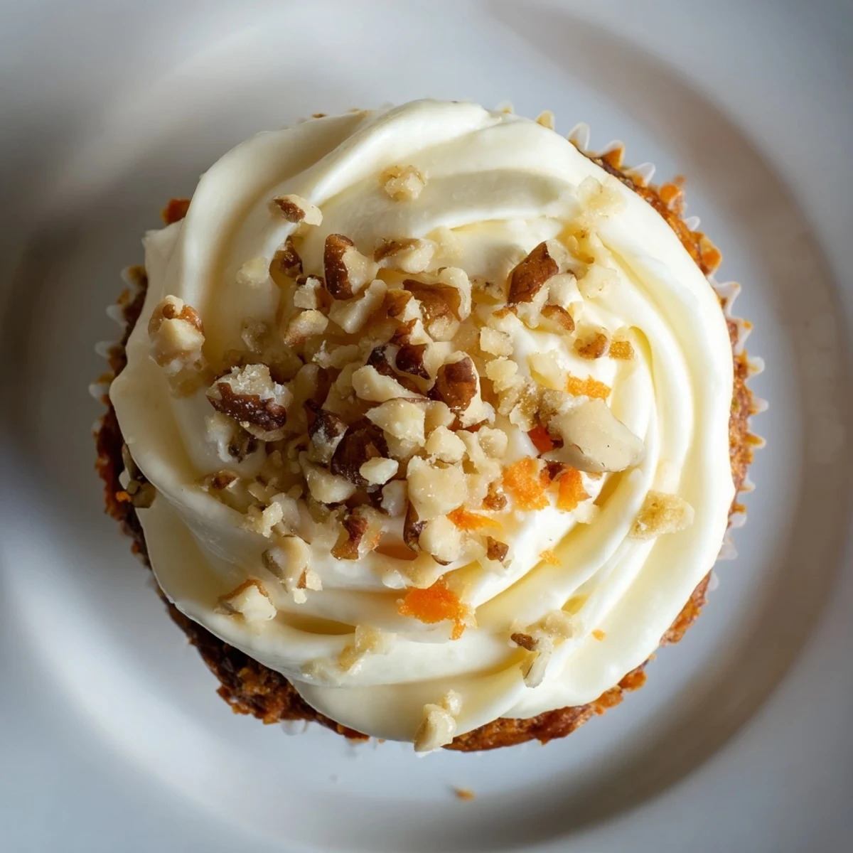 Soft carrot cake cupcakes with fluffy cream cheese frosting, garnished with chopped walnuts for texture.