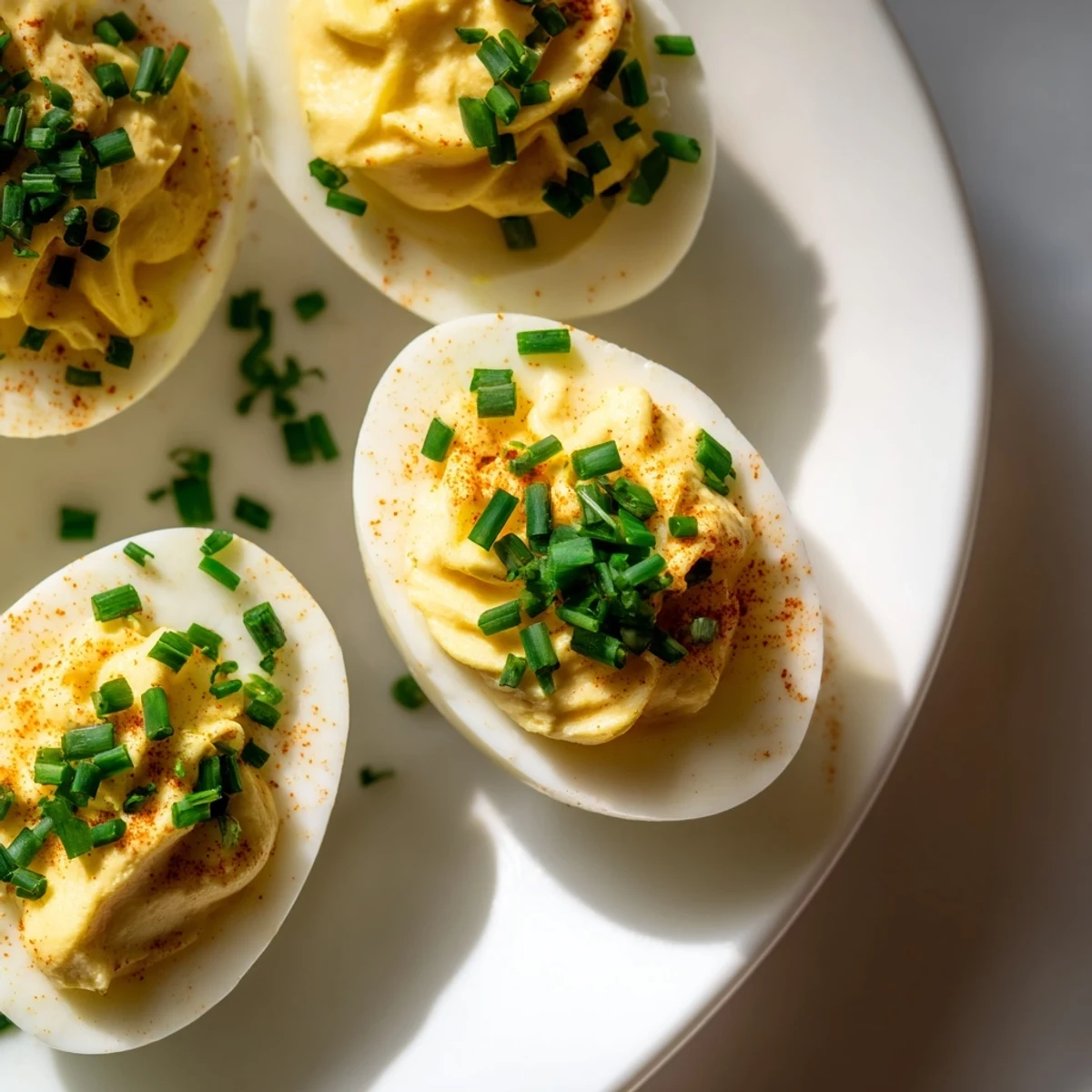 Bright yellow egg halves filled with creamy deviled eggs with chives and smoked paprika, garnished with fresh green chives on a platter.
