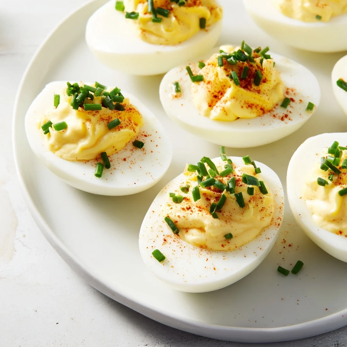Close-up of deviled eggs with chives and smoked paprika, showing the smooth, rich filling and a light dusting of smoky red paprika.