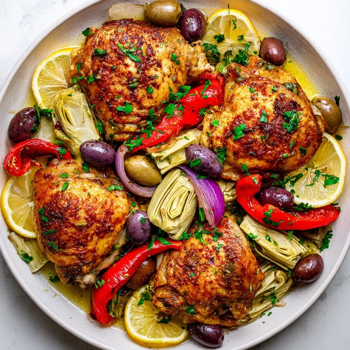 Golden-brown sheet pan chicken with artichokes and olives rests beside red onions and bell peppers, fresh parsley sprinkled on top.