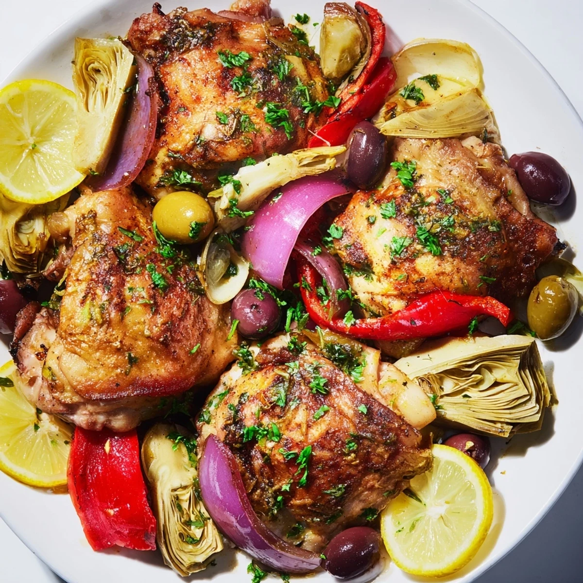 A vibrant dinner plate showcases golden chicken thighs, roasted artichoke hearts, and olives, garnished with fresh parsley and lemon slices.
