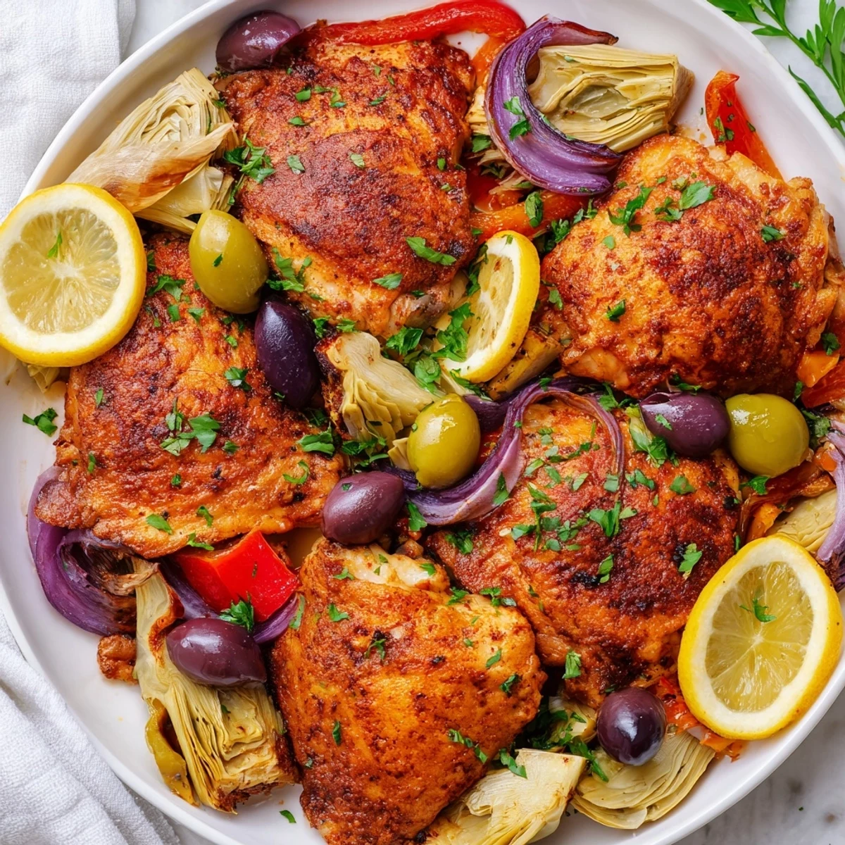 A rustic Mediterranean one-pan meal features juicy chicken thighs with tender artichokes and briny olives roasted to perfection.
