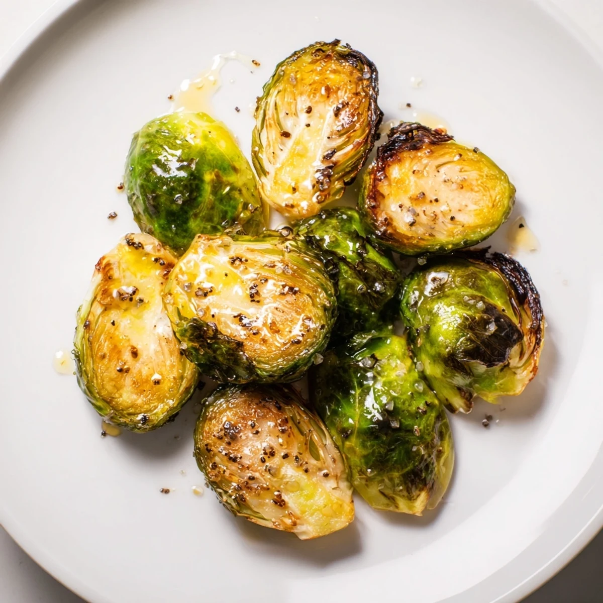 Roasted Brussels Sprouts with Honey glistening on a plate, caramelized edges and sticky glaze for a sweet-savory side.