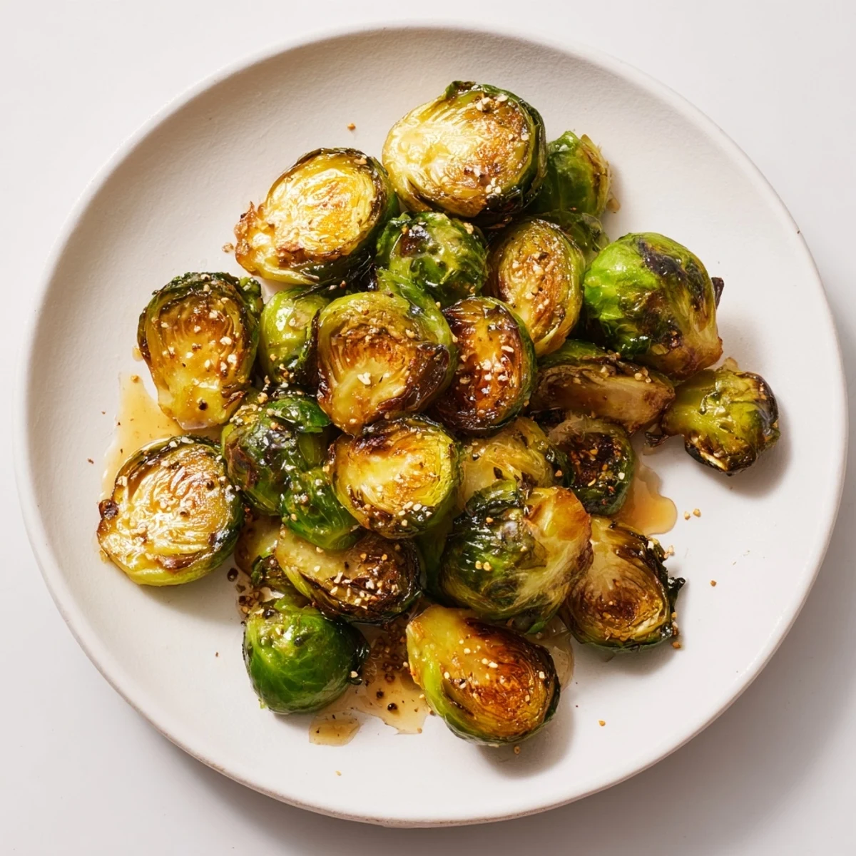 Golden roasted Brussels sprouts with honey, beautifully arranged on a platter for a family-style vegetarian side dish.