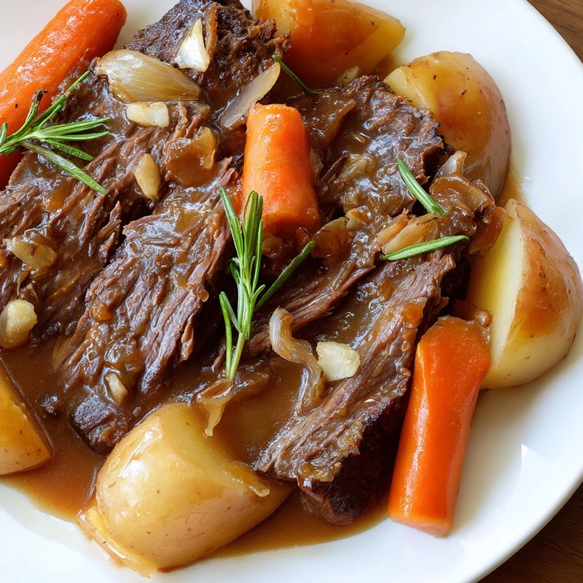 Golden slow cooker pot roast with carrots served with vegetables and potatoes on a family table.