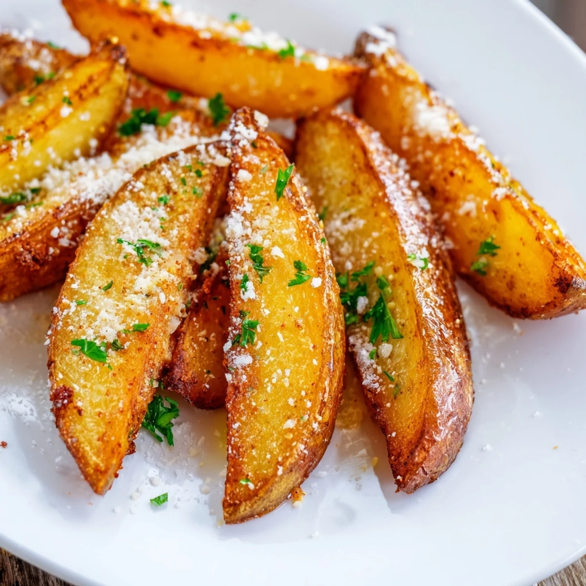 Freshly baked Crispy Oven Baked Potato Wedges piled high with golden edges and fluffy centers, ready to dip.