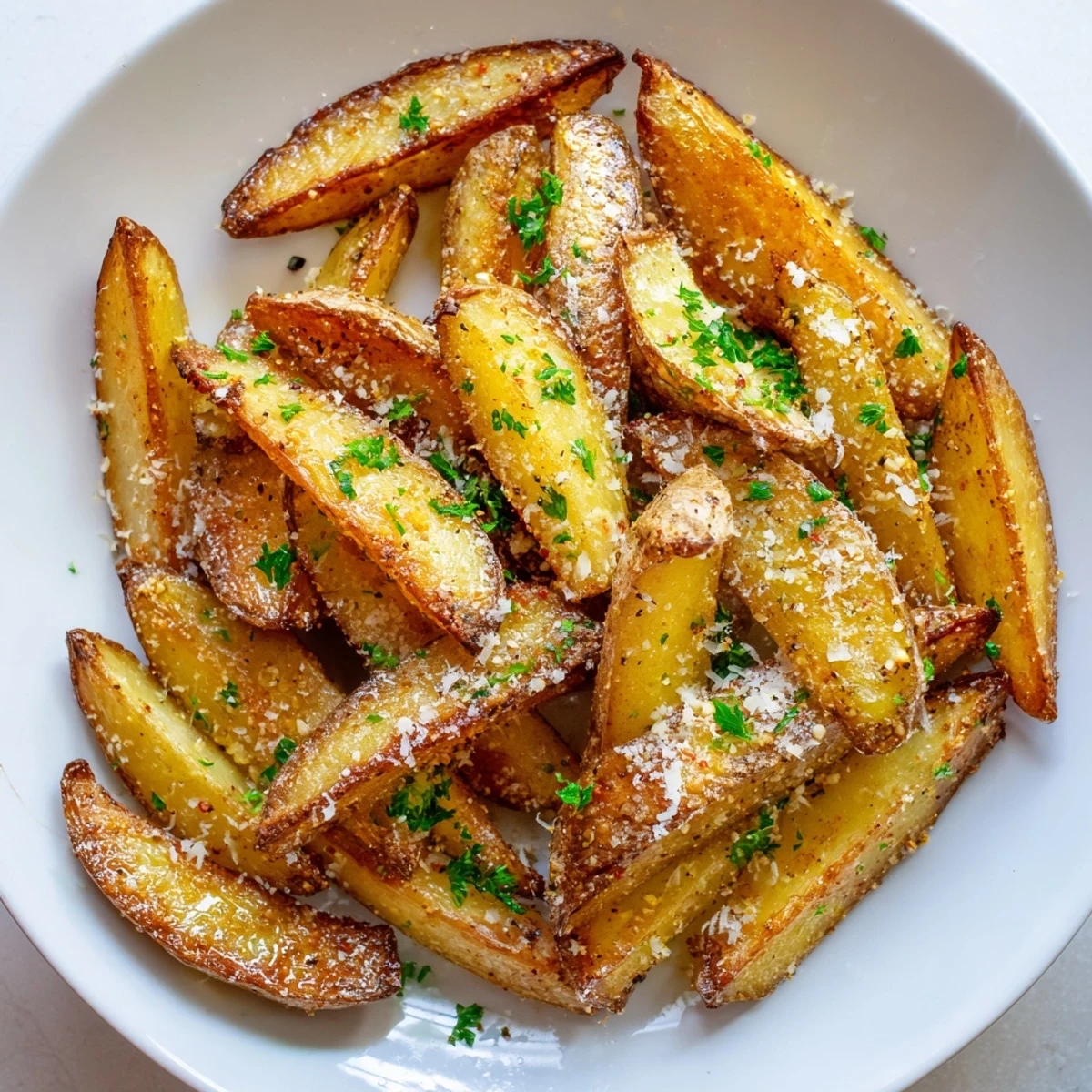 Golden brown Crispy Oven Baked Potato Wedges seasoned with herbs, served hot alongside ketchup and aioli dips.