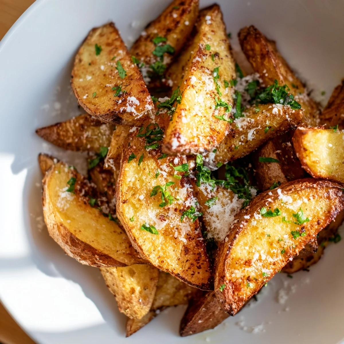 A close look at Crispy Oven Baked Potato Wedges on a baking sheet with fresh parsley and parmesan garnish.