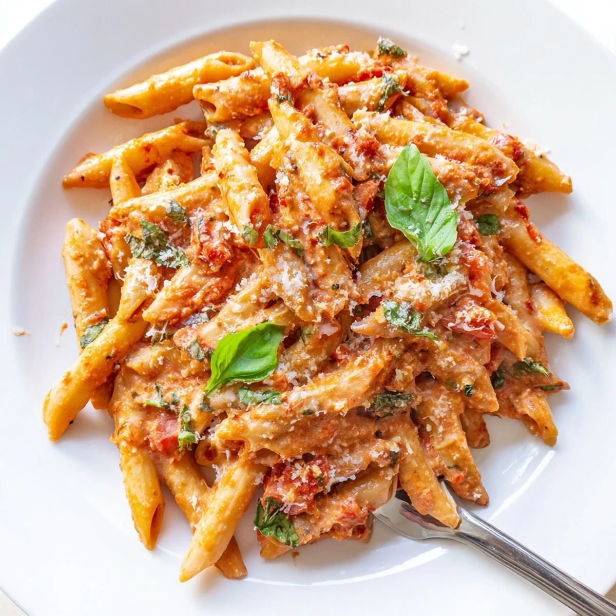 Creamy Tomato Basil Pasta in a white bowl garnished with fresh basil and grated Parmesan.