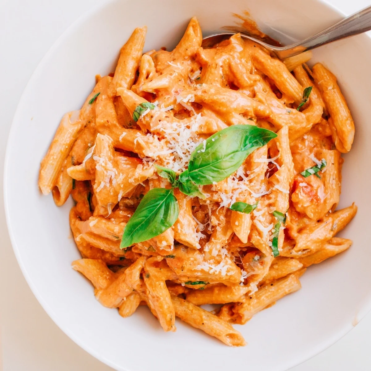Close-up of Creamy Tomato Basil Pasta twirled on a fork, showing its velvety red sauce.