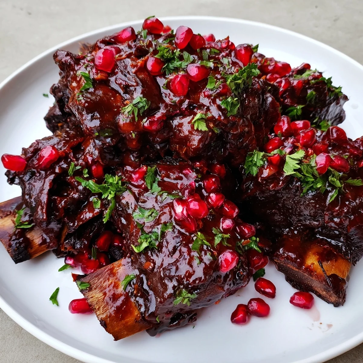 Tender beef short ribs with pomegranate glaze served over creamy mashed potatoes, garnished with fresh parsley and ruby seeds.