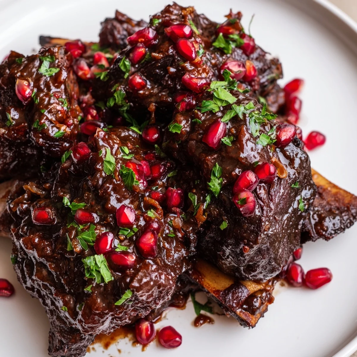Braised beef short ribs glazed with pomegranate molasses on a platter, a rustic main course ready to serve.