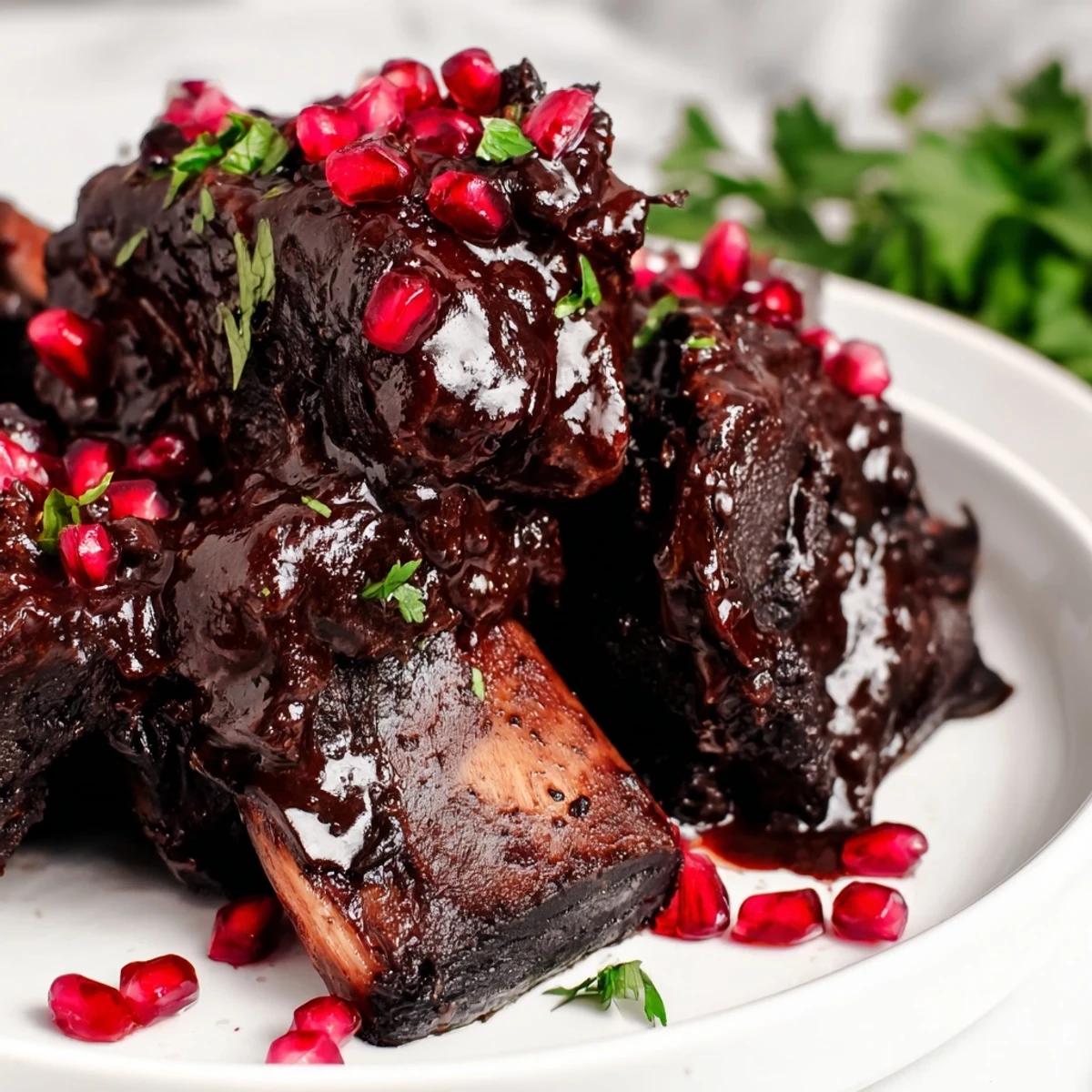 Glossy pomegranate glazed short ribs plated with herbs and seeds, a rich and aromatic modern American dish.