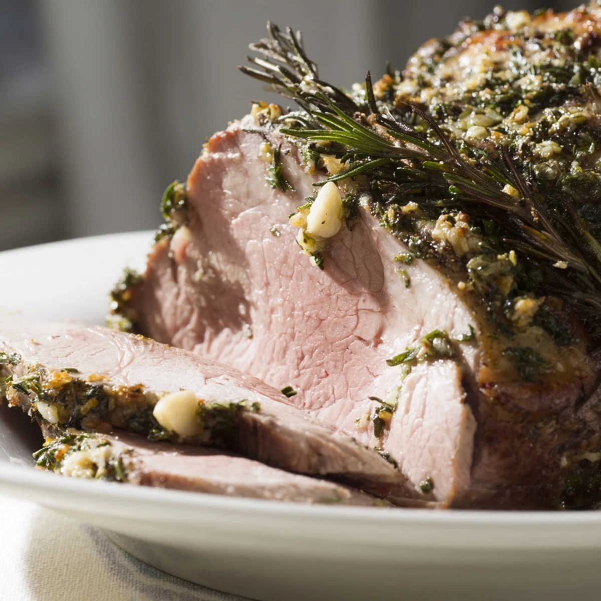 Slow roasted leg of lamb with garlic and rosemary rests sliced on a platter next to tender roasted root vegetables.  
